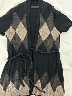 The Limited Black & Gray Argyle Short-Sleeve Belted Cardigan